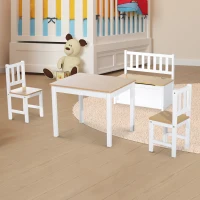 Qaba 4-Piece Kids Table and Chair Set, with 1 Storage Bench and 2 Matching High Back Chairs, Natural & White(m-9)
