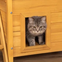 PawHut Outdoor Cat House, 2-Story Shelter for Feral Cats, Wooden Kitten Condo with Asphalt Roof, Stairs, Balcony, 30"x20"x29", Natural(m-11)