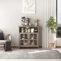 HOMCOM Accent Sideboard, Serving Storage Buffet Cabinet with 2 Open Components, Glass Door Coffee Bar Cabinet and Adjustable Shelf, Oak(m-8)