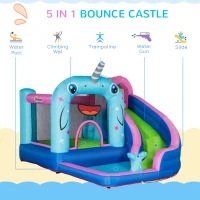 Outsunny 5-in-1 Water Slide Kids Inflatable Bounce House Narwhals Theme Water Park Includes Slide Trampoline Pool Cannon Climbing Wall with Carry Bag, Repair Patches without Air Blower(m-4)