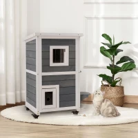 PawHut Outdoor Cat House 2-Floor Wooden Feral Cat Shelter with Universal Wheels, Escape Door and Openable Asphalt Roof, Gray(m-8)