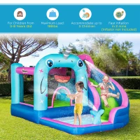 Outsunny 5-in-1 Water Slide Kids Inflatable Bounce House Narwhals Theme Water Park Includes Slide Trampoline Pool Cannon Climbing Wall with Carry Bag, Repair Patches without Air Blower(m-5)