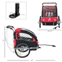 Aosom Elite Double Child Two-Wheel Bicycle Trailer with 2 Safety Harnesses - Red / Black(m-3)