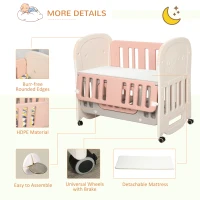 Qaba 3-in-1 Convertible Baby Crib Bedside Sleeper Bassinet with Storage Area, 4 Detachable Lockable Wheels, Mattress, Pink(m-7)