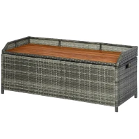 Outsunny Outdoor Storage Bench Wicker Deck Boxes with Wooden Seat, Gas Spring, Rattan Container Bin with Lip, Ideal for Storing Tools, Accessories and Toys, Mixed Grey(m-11)