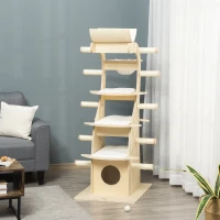 PawHut 63" Cat Tree Kitty Activity Center Wooden Cat Climbing Toy Pet Furniture with Multiple Perches Cat Condo Cushions Sisal Scratching Post, Beige(m-7)