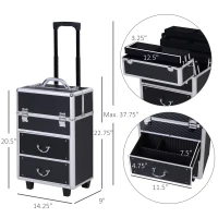 HOMCOM Professional Rolling Full Makeup Travel Train Case, Large Storage Cosmetic Trolley with Folding Trays, Drawer and Locks, Black(m-3)