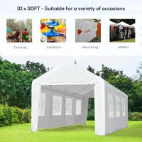 Outsunny 10 x 30ft Heavy Duty  Party Tent Gazebo Carport Camping Canopy (10 x 30ft) with Removable Sidewalls White(m-7)