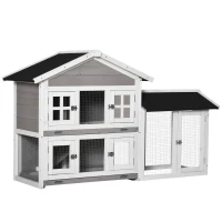PawHut 59" Wooden Rabbit Hutch 2 Tier Bunny House Pet Playpen Enclosure for Indoor Outdoor with Slide-out Tray, Ramp, for Rabbits and Small Animals, Grey(m-2)