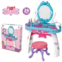 Qaba Kids Vanity Table and Stool Beauty Pretend Play Set with Mirror Lights Sounds & Pretend Beauty Makeup Accessories for Girls 3+ Years Old Blue(m-6)