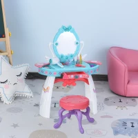Qaba Kids Vanity Table and Stool Beauty Pretend Play Set with Mirror Lights Sounds & Pretend Beauty Makeup Accessories for Girls 3+ Years Old Blue(m-10)
