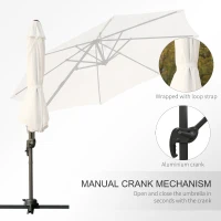 Outsunny Φ9.6' Round Patio Hanging Offset Umbrella Outdoor Cantilever Crank Market Parasol Garden Sun Canopy Shelter 360° Rotation, Cream White(m-6)
