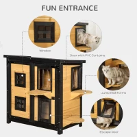 PawHut 2-Tier Cat House, Outdoor Feral Cat Shelter, with Weather Resistant Roof, Escape Door, PVC Curtain, Glass Window, Yellow(m-4)