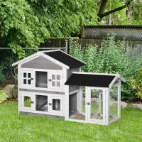 PawHut 59" Wooden Rabbit Hutch 2 Tier Bunny House with Slide-out Tray Ramp, Grey(m-2)