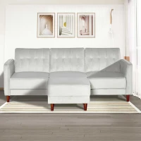 HOMCOM Upholstered L-Shaped Sofa Bed, Reversible Sectional Recliner Sofa Set, Velvet-Touch Sleeper Futon with Footstool, Grey(m-8)