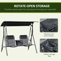 Outsunny 2-Seat Outdoor Porch Swing, with Pivot Storage Table, Cup Holder, & Adjustable Overhead Canopy, Stand's Skid-Resistant Feet Pad, Breathable Mesh Seat, Steel Frame, for Patio, Black(m-6)