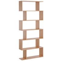 HOMCOM 75.5" H Bookcase 6 Shelf S-Shaped Bookshelf Wooden Storage Display Stand Shelf Organizer Free Standing, Oak(m-1)