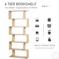 HOMCOM 75.5" H Bookcase 6 Shelf S-Shaped Bookshelf Wooden Storage Display Stand Shelf Organizer Free Standing, Oak(m-5)
