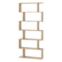 HOMCOM 75.5" H Bookcase 6 Shelf S-Shaped Bookshelf Wooden Storage Display Stand Shelf Organizer Free Standing, Oak(m-9)