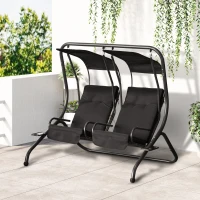 Outsunny Patio Swing Chair with 2 Separate Seats, Outdoor Swing Glider with Removable Canopy and Cup Holders, for Porch, Garden, Poolside, Backyard, Black(m-8)