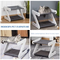PawHut Two Tier Cat Bed for Indoor Living Room Pet Furniture Kitty Small Dog House Z Shaped with Padded and Plush Mat Grey(m-7)
