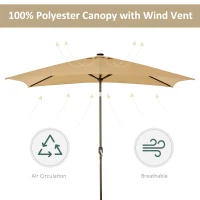 Outsunny 6.5x10ft Patio Umbrella Rectangle Solar Powered Tilt Aluminum Outdoor Market Parasol with LEDs Crank (Light Coffee)(m-7)