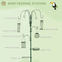 PawHut 6 Hook Feeding Station, Steel Multi-Feeder Kit Stand with 4 Bird Feeders, Mesh Tray, Water Dish and 4-Prong Base, Green(m-4)