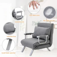 HOMCOM 5 Position Adjustable Folding Convertible Single Sleeper Sofa Bed Chair Lounge Couch with Pillow (Light Grey)(m-5)