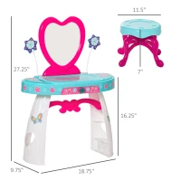 Qaba 33 Pcs Princess Pretend Play Glamour Makeup Set Kids Vanity Dressing Table Realistic w/ Stool for 3 Years Old Lake Blue+White(m-3)