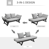 HOMCOM Convertible Sofa Bed Futon Loveseat Living Room with Pillow, Adjustable 3-Position Sofa Bed Soild Wood Frame, Light Grey(m-4)