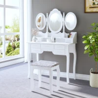 HOMCOM Makeup Dressing Table Vanity Set with Tri-Folding Mirror, 7 Drawers, Cushioned Stool(m-7)