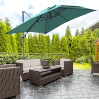 Outsunny 8' x 8' Square Patio Hanging Offset Umbrella Aluminum Outdoor Cantilever Crank Market Parasol Garden Sun Canopy Shelter 360° Rotation w/Cross Base Green(m-1)