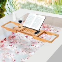 HOMCOM Bamboo Table, Caddy Shower Bath Shelf Bathtub, Expandable Luxury Tray Holder, for Soap Book Phone(m-1)