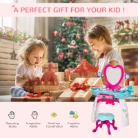 Qaba 33 Pcs Princess Pretend Play Glamour Makeup Set Kids Vanity Dressing Table Realistic w/ Stool for 3 Years Old Lake Blue+White(m-4)