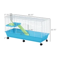 PawHut Small Animal Cage Pet Rabbit Guinea Pig Home Habitat Hutch Play House Rolling with 6 universal wheels, water bottle, ramp, food dish,  White/Blue(m-3)