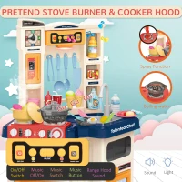 Qaba 64 PCS Kids Kitchen Role Play Cooking Toy Set, Educational Pretend Kitchen Playset Game, w/ Water Circulation, Spray, Music, Sound, Colorful Flashlight, for 3-6 Years Old, Beige+Blue(m-4)