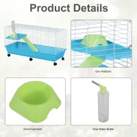 PawHut Small Animal Cage Pet Rabbit Guinea Pig Home Habitat Hutch Play House Rolling with 6 universal wheels, water bottle, ramp, food dish,  White/Blue(m-6)