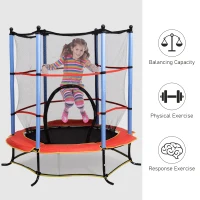 Qaba ⌀ 65" Kids Trampoline Indoor Outdoor with Safety Enclosure Net and Built-in Zipper Safety Pad, Toddler Trampoline Exercise Fitness Equipment for Children Age 3-10 Years Old(m-7)