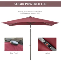 Outsunny 6.5x10ft Patio Umbrella Rectangle Solar Powered Tilt Aluminum Outdoor Market Parasol with LEDs Crank (Wine Red)(m-6)