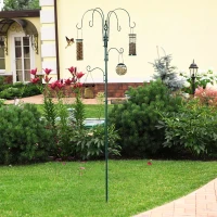 PawHut 6 Hook Feeding Station, Steel Multi-Feeder Kit Stand with 4 Bird Feeders, Mesh Tray, Water Dish and 4-Prong Base, Green(m-2)