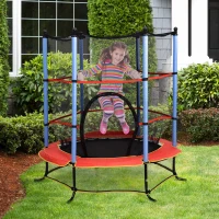 Qaba ⌀ 65" Kids Trampoline Indoor Outdoor with Safety Enclosure Net and Built-in Zipper Safety Pad, Toddler Trampoline Exercise Fitness Equipment for Children Age 3-10 Years Old(m-1)