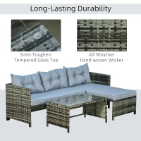Outsunny 3pcs Outdoor Rattan Wicker Sofa and Chaise Lounge Set with Cushion Garden Patio Furniture Grey(m-6)