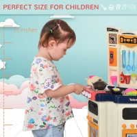 Qaba 64 PCS Kids Kitchen Role Play Cooking Toy Set, Educational Pretend Kitchen Playset Game, w/ Water Circulation, Spray, Music, Sound, Colorful Flashlight, for 3-6 Years Old, Beige+Blue(m-8)