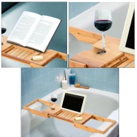 HOMCOM Bamboo Table, Caddy Shower Bath Shelf Bathtub, Expandable Luxury Tray Holder, for Soap Book Phone(m-4)