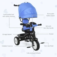 Qaba Baby Tricycle 2 In 1 Baby Stroller Kid Trike with Adjustable Canopy Blue(m-4)