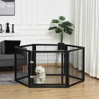 PawHut Transformable Pet Playpen 6 Freestanding Panels Gate Fireplace Christmas Tree Fence Stair Barrier Room Divider with Walk Through Door Wooden Frame Metal Mesh Black 63'' x 54.5'' x 31.5''(m-1)