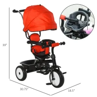 Qaba Baby Tricycle 2 In 1 Baby Stroller Kid Trike with Adjustable Canopy Red(m-3)
