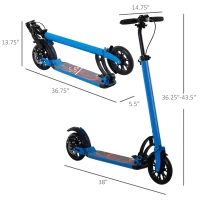 Soozier Kick Scooter Folding Adjustable Ride On Toy w/ Dual Braking System, Rear Shock Absorption and 8" Big Wheels For 14+ Teens Adult, Blue(m-3)