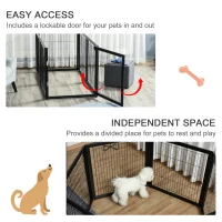 PawHut Transformable Pet Playpen 6 Freestanding Panels Gate Fireplace Christmas Tree Fence Stair Barrier Room Divider with Walk Through Door Wooden Frame Metal Mesh Black 63'' x 54.5'' x 31.5''(m-5)