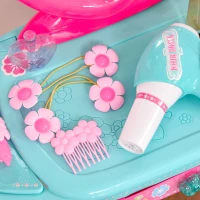 Qaba 33 Pcs Princess Pretend Play Glamour Makeup Set Kids Vanity Dressing Table Realistic w/ Stool for 3 Years Old Lake Blue+White(m-8)